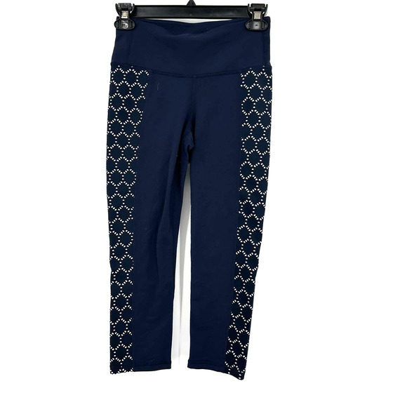 Athleta size XS dark blue 3/4 length‎ leggings with geometric pattern down legs - Picture 1 of 4